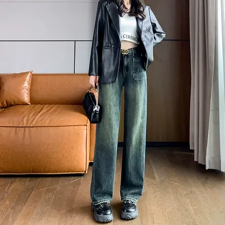 复古牛仔阔腿裤女2023秋季新款高腰显瘦设计感大口袋直筒拖地裤子商品大图