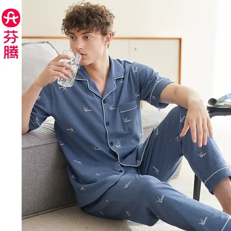 芬腾睡衣男士短袖长裤纯棉夏季开衫男款中年全棉加大码家居服套装商品大图