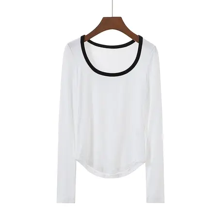 早春新款U领修身纯棉纯色韩版纯欲下摆圆弧长袖体恤上衣内搭女装商品大图