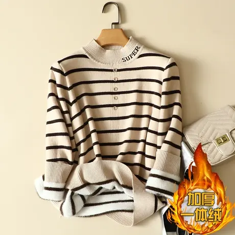 秋冬加绒毛衣女加厚一体绒内搭宽松半高领套头打底针织衫保暖上衣商品大图