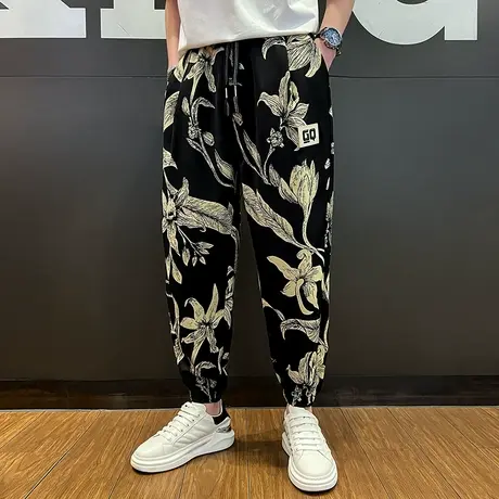 夏季男士长裤裤子宽松休闲潮牌薄款运动花色束腿裤卫裤九分裤薄款图片