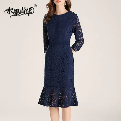 水墨青华冬装新品时尚荷叶边裙简约修身显瘦打底蕾丝连衣裙图片