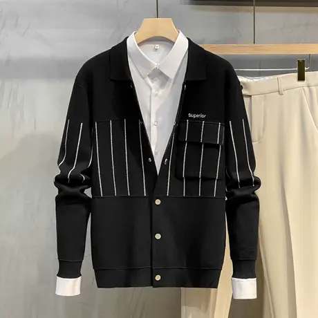 2023春秋季新款针织开衫男外套韩版修身帅气条纹拼接潮流毛衣夹克商品大图