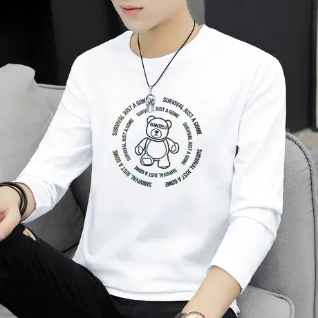 白色长袖t恤男纯棉秋季小衫宽松内搭打底衫潮流潮牌小熊全棉体恤商品大图