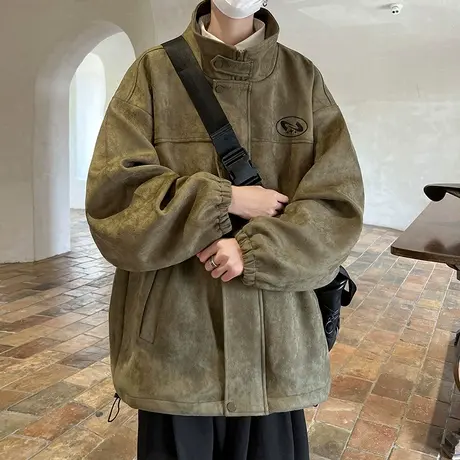 春秋季美式夹克男oversize宽松休闲麂皮绒外套复古立领拉链开衫潮商品大图