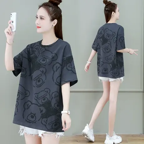全棉短袖t恤女夏装2023年新款韩版潮流宽松中长款半袖大码体恤衫商品大图