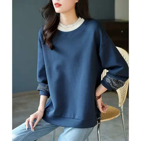 宝诗黎假两件蕾丝拼接宽松卫衣新款亮丝秋季时装2023百搭休闲上衣商品大图