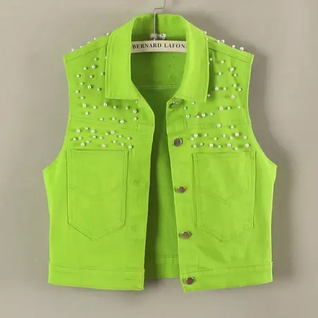 牛仔马甲女背心短款春秋夏宽松新款无袖大码外搭显瘦彩色钉珠坎肩图片