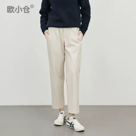 欧小仓pu系列松紧腰八分靴裤小个子锥形九分裤“小鸟腿”哑光皮裤图片