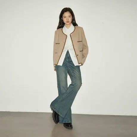 omont蛋挞家  复古小香风撞色短外套女2023秋冬新款圆领呢子上衣商品大图