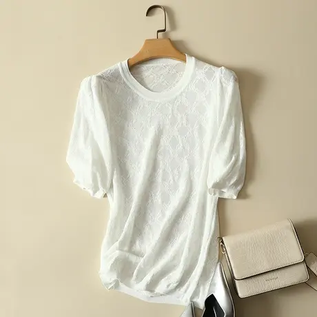 复古冰丝短袖针织衫女士宽松圆领上衣薄款打底衫春夏套头白色毛衣商品大图