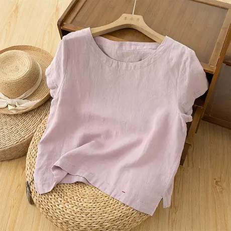 享永子短袖汉麻T恤上衣文艺复古气质高级感休闲套头衫2024夏新款图片