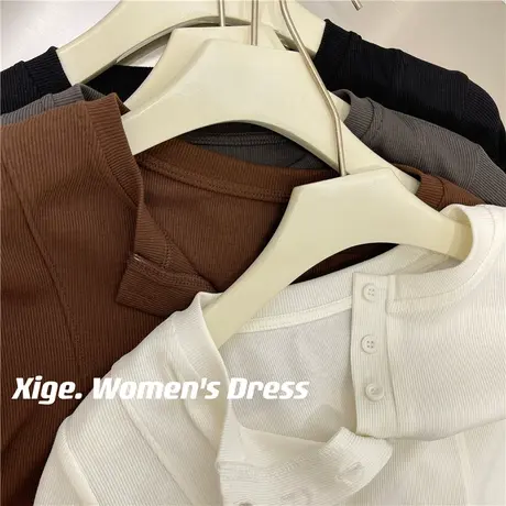 半开圆领小心机系扣打底衫女春外穿修身显瘦美式纯欲长袖上衣T恤商品大图