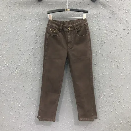 不规则裤脚直筒裤女2023秋季新款咖啡色设计感休闲百搭牛仔小脚裤图片