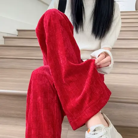 红色雪尼尔阔腿裤女2023年秋冬新款高腰垂感直筒休闲灯芯绒拖地裤商品大图