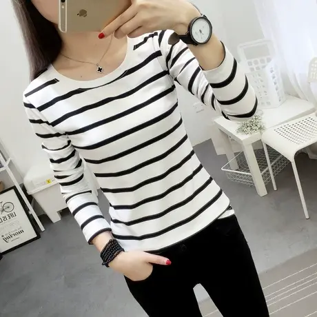 2024圆领条纹t恤女长袖宽松秋冬季韩版上衣条纹百搭修身打底衫女图片