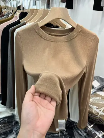 加绒加厚针织衫法式长袖T恤2022秋冬季新款简约女上衣修身打底衫商品大图