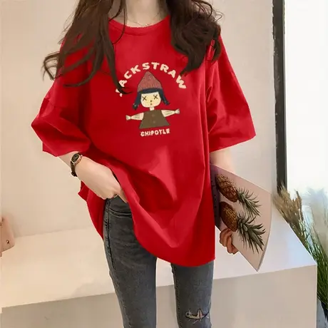 日系潮牌中长款短袖t恤女夏季2023年新款ins韩版宽松大码半袖上衣图片