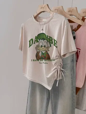 不规则抽绳T恤女胖mm显瘦收腰短袖夏ins潮新款韩系高级感正肩上衣商品大图