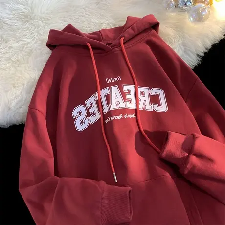 vintage大码酒红色连帽卫衣女加绒ins潮牌胖mm宽松显瘦百搭上衣秋商品大图