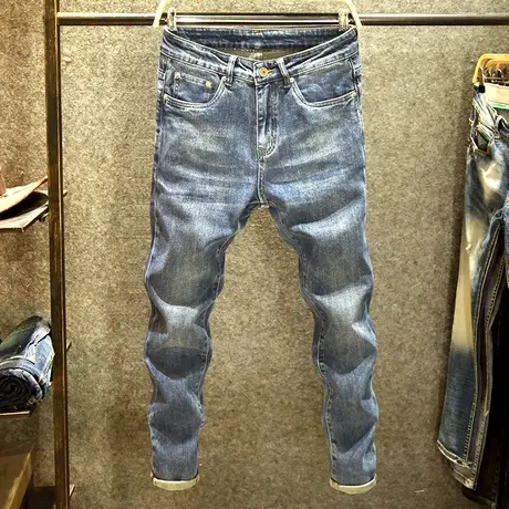 春季高街潮流时尚牛仔裤男修身百搭弹力长裤潮牌新款复古蓝小脚裤商品大图