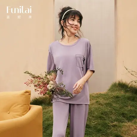 富妮来舒适薄款女士睡衣纯棉自带胸垫夏季家居服休闲宽松短袖套装商品大图