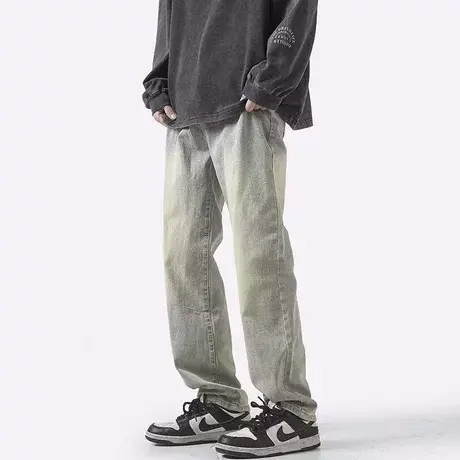 美式牛仔裤男款夏季水洗做旧冰丝黄泥染长裤潮牌高街宽松直筒裤子商品大图