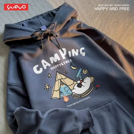 悦游 露营北极熊 美式复古春秋薄款连帽卫衣男透气帐篷慵懒风男生商品大图
