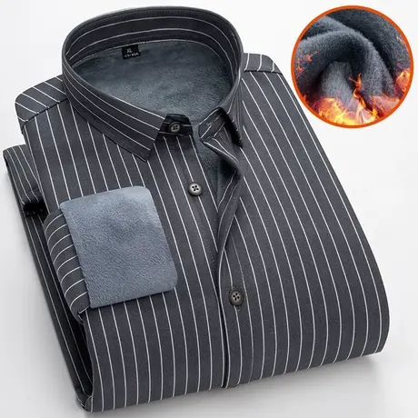 保暖衬衫男士加绒加厚冬季商务休闲正装中青年灰色长袖条纹棉衬衣商品大图