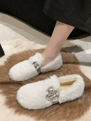 高级感毛毛鞋女冬外穿2023新款一脚蹬豆豆鞋平底加绒保暖孕妇棉鞋商品大图