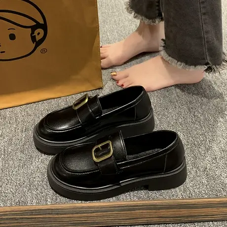 英伦风黑色小皮鞋女2023年春秋季新款百搭粗跟玛丽珍乐福豆豆单鞋商品大图