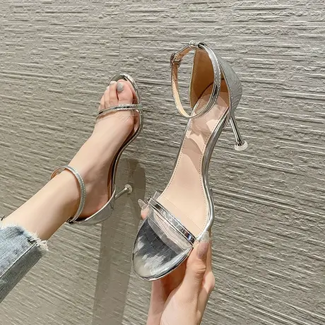 银色高跟鞋女细跟2024年夏季新款性感气质一字扣带仙女风露趾凉鞋商品大图