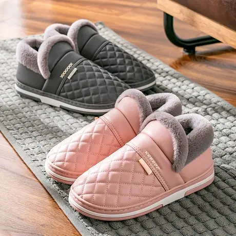 棉拖鞋女士冬季防滑包脚跟厚底保暖可外穿居家用PU防水棉鞋男冬天商品大图