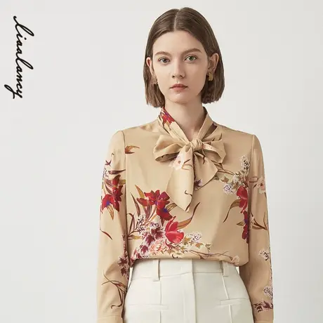 LANCY/朗姿真丝冬季新款印花衬衫女飘带宽松女印花高级感衬衣奥莱商品大图