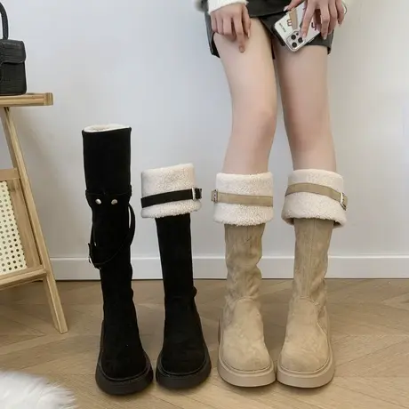 真皮长靴子女冬加绒厚底雪地靴2023新款毛毛长筒靴高筒骑士靴棉鞋商品大图