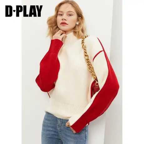 DPLAY甜美学院风V字撞色蝴蝶结宽松含羊毛套头毛衣商品大图