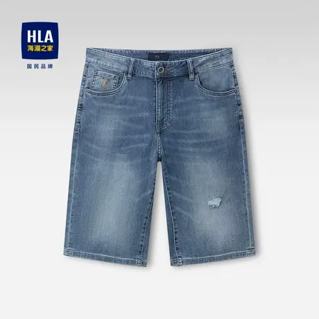 HLA/海澜之家经典五袋款牛仔短裤时尚刮烂破洞款休闲牛仔中裤男图片