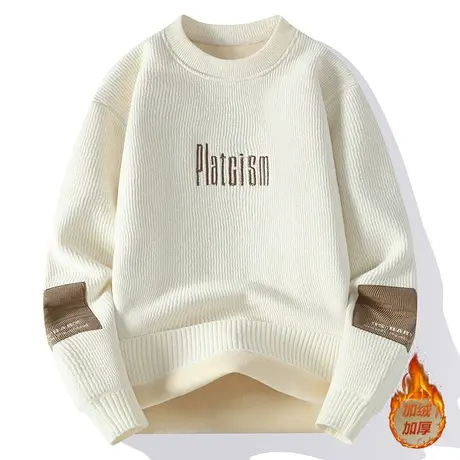 一体绒圆领毛衣男秋冬季加绒加厚保暖线衣潮流韩版冬装针织打底衫商品大图