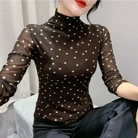 半高领时尚打底衫性感网纱设计感波点上衣女洋气修身百塔长袖T恤商品大图