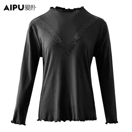 爱朴大码女装2024春款胖mm烫钻时尚半高领显瘦休闲百搭长袖上衣女商品大图