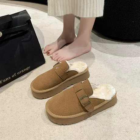 加绒博肯鞋厚底女冬懒人复古包头半拖鞋外穿2024新款勃肯半托女鞋商品大图