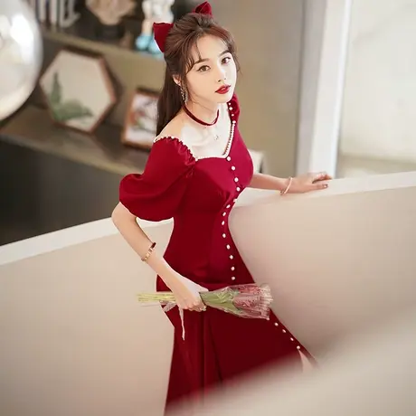 敬酒服新娘2024新款夏季结婚订婚连衣裙答谢宴礼服酒红色开叉长款图片