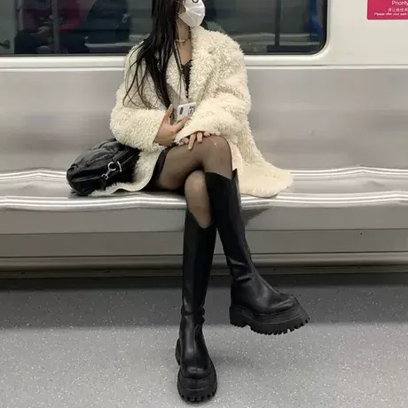 长筒靴女2023年秋冬V口显瘦小个子增高厚底不过膝长靴骑士靴子图片