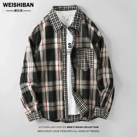 美式拼接撞色格纹衬衫春季无性别复古水洗vintage设计感宽松衬衣商品大图