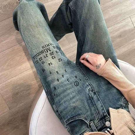 美式高街阔腿牛仔裤女2024春秋新款设计感印花高腰宽松直筒拖地裤商品大图