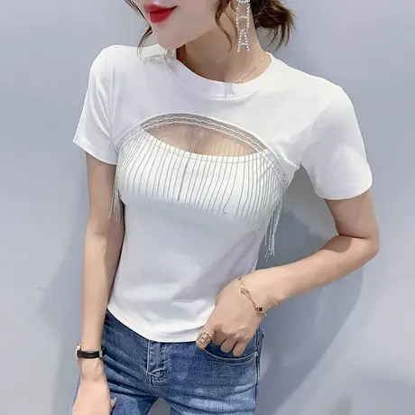 性感镂空T恤女短袖时尚流苏洋气减龄心机小衫高腰短款T桖半袖上衣图片