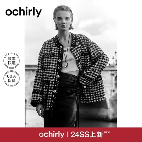 格子小香风外套女 ochirly欧时力 2024新款早春设计感织带中长款图片