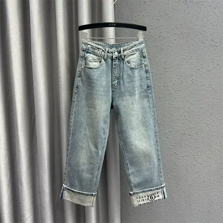 欧货复古高腰显瘦休闲牛仔直筒裤女24春季新款时尚翻边印花阔腿裤商品大图