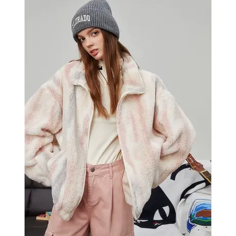 a02春季新款2024扎染仿羊羔毛舒适棉衣潮牌美式休闲百搭女式外套图片