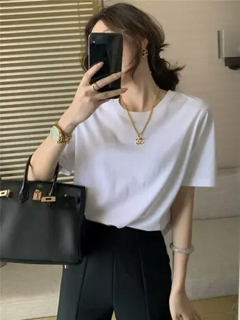 白色正肩短袖T恤女装夏季有机棉无缝圆筒T内搭纯棉打底衫宽松上衣图片
